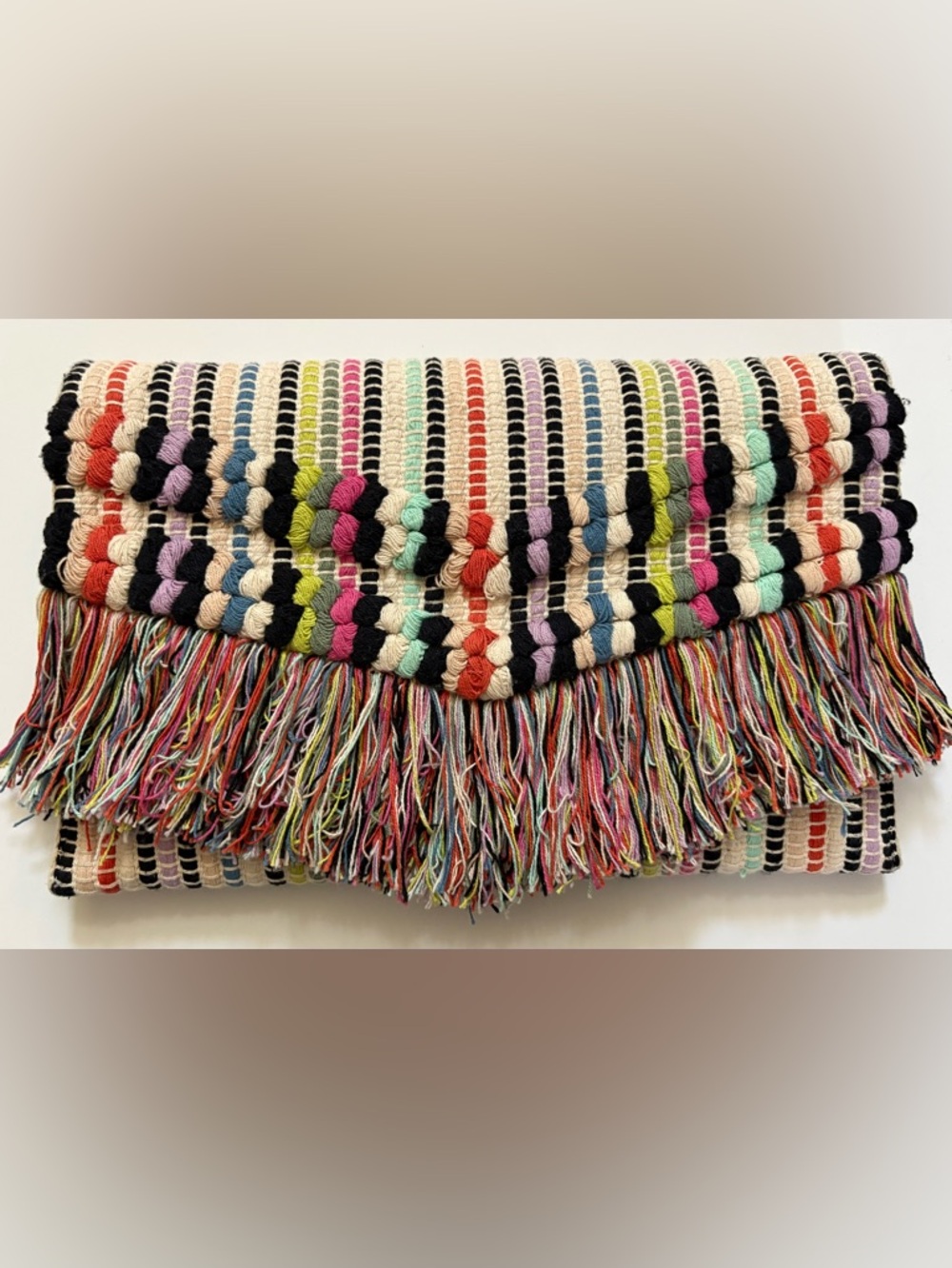 Stella & Dot Taj Clutch Multi Color Fringe Snap Closure Bag-Like New
